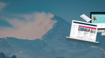 Image of Denali mountains in Alaska. Overlay of software displayed on a computer, laptop and phone.