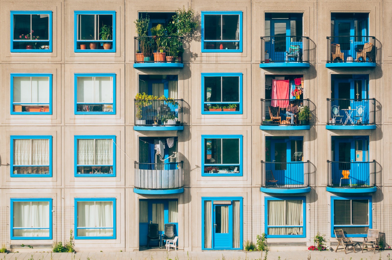 Photo of 32 blue windows on a building