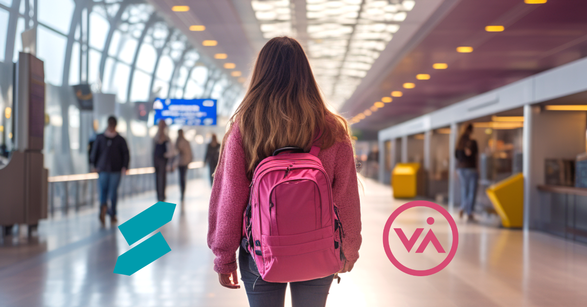 Student traveling abroad in an airport with StudentUniverse and Via TRM logo
